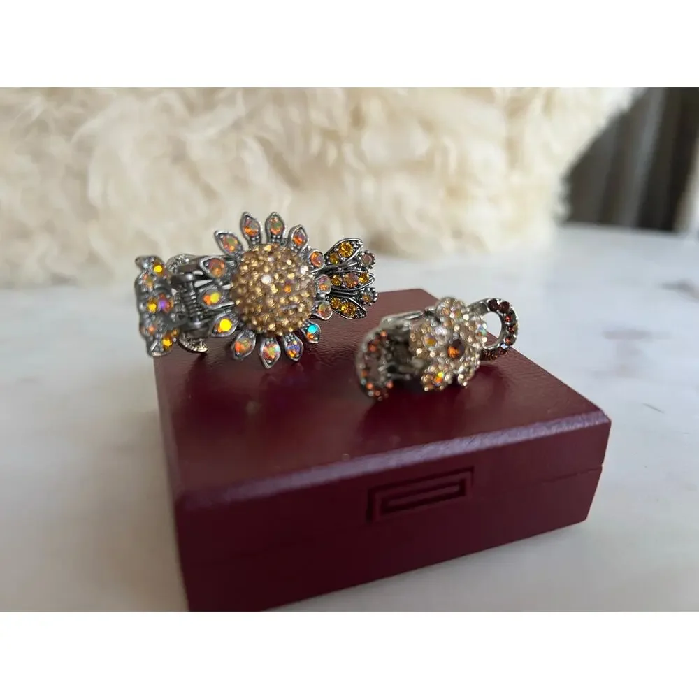 Vintage Sterling Silver and Crystal Flower Hair Claw Clips
